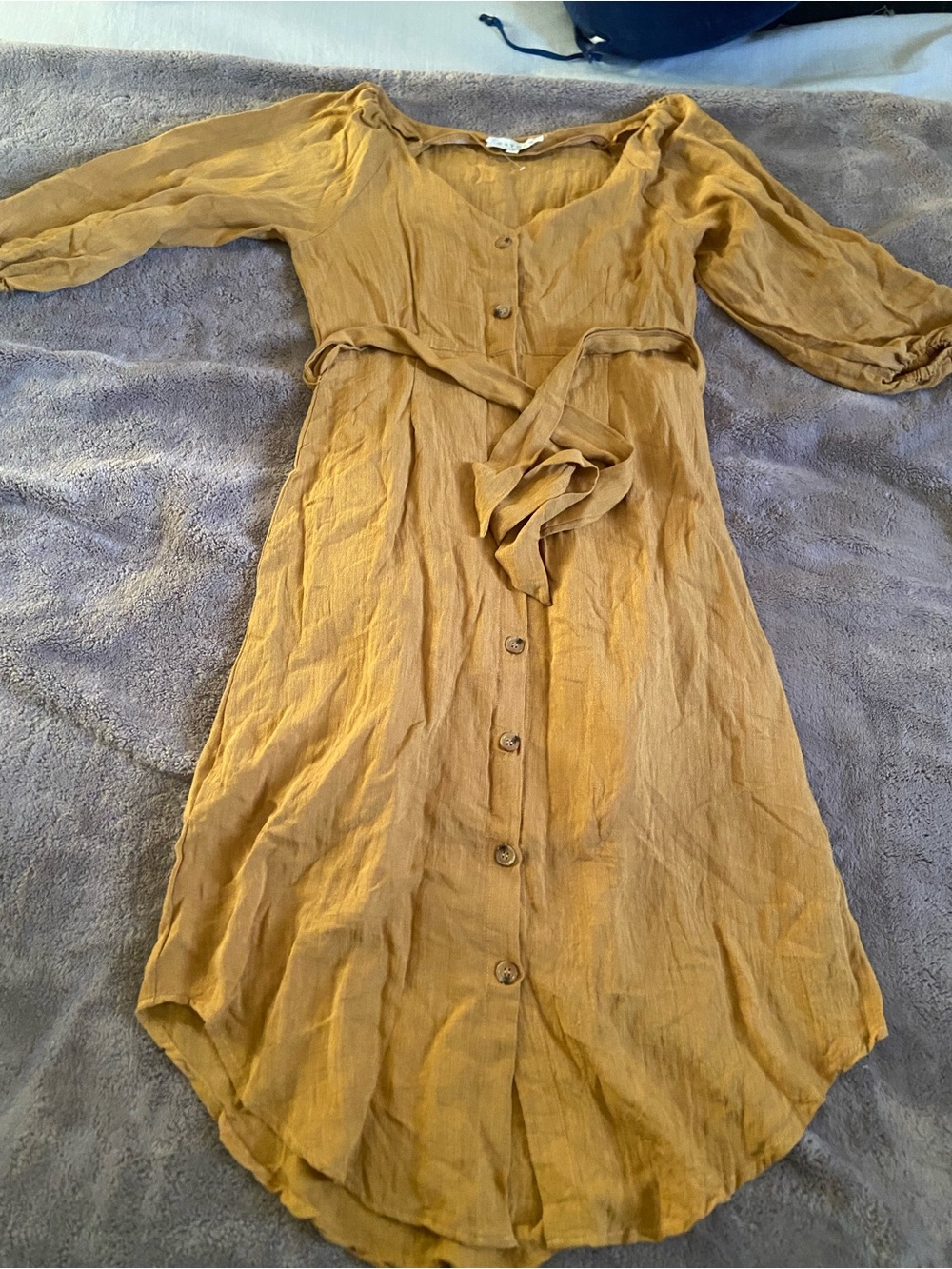 Button-Front Mustard Maxi Dress with Self-Tie Waist